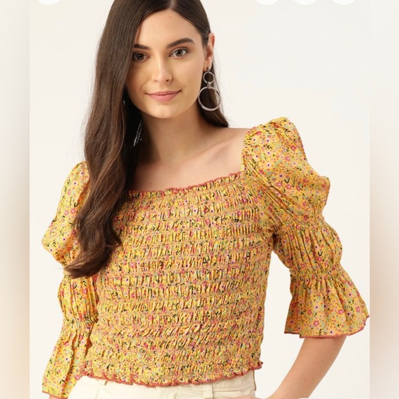 Antheaa NWOT Yellow and Pink Floral Pure Cotton Smocked Top with Puff Sleeves - Picture 4 of 7